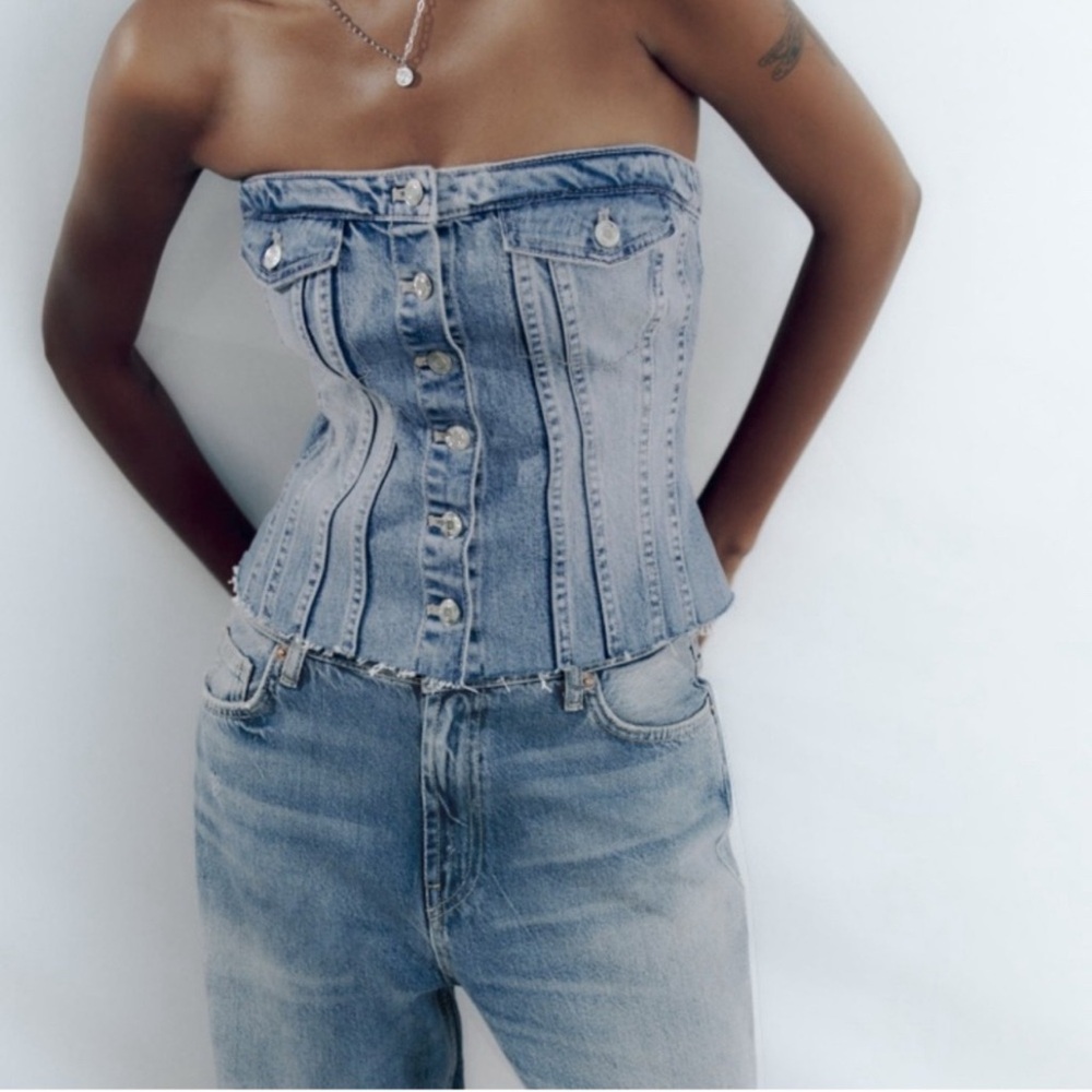 ZARA Corset Style Denim Top Size L - Picture 10 of 13